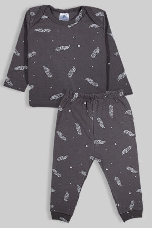 Pajama Set - Grey with Feathers - 100% Flannelette Cotton